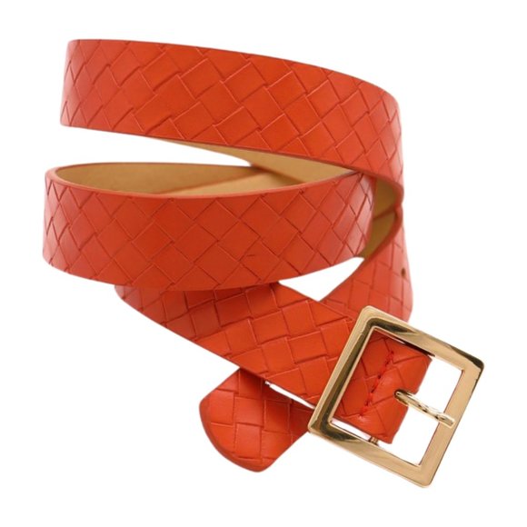 Women Orange Color Basket Weave Skinny Belt Gold Metal Square Buckle Size S M - Picture 12 of 17